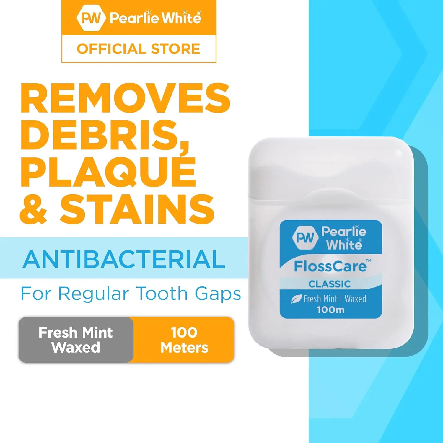 Pearlie White waxed mint dental floss, 100 meters long, for deep cleaning between teeth.