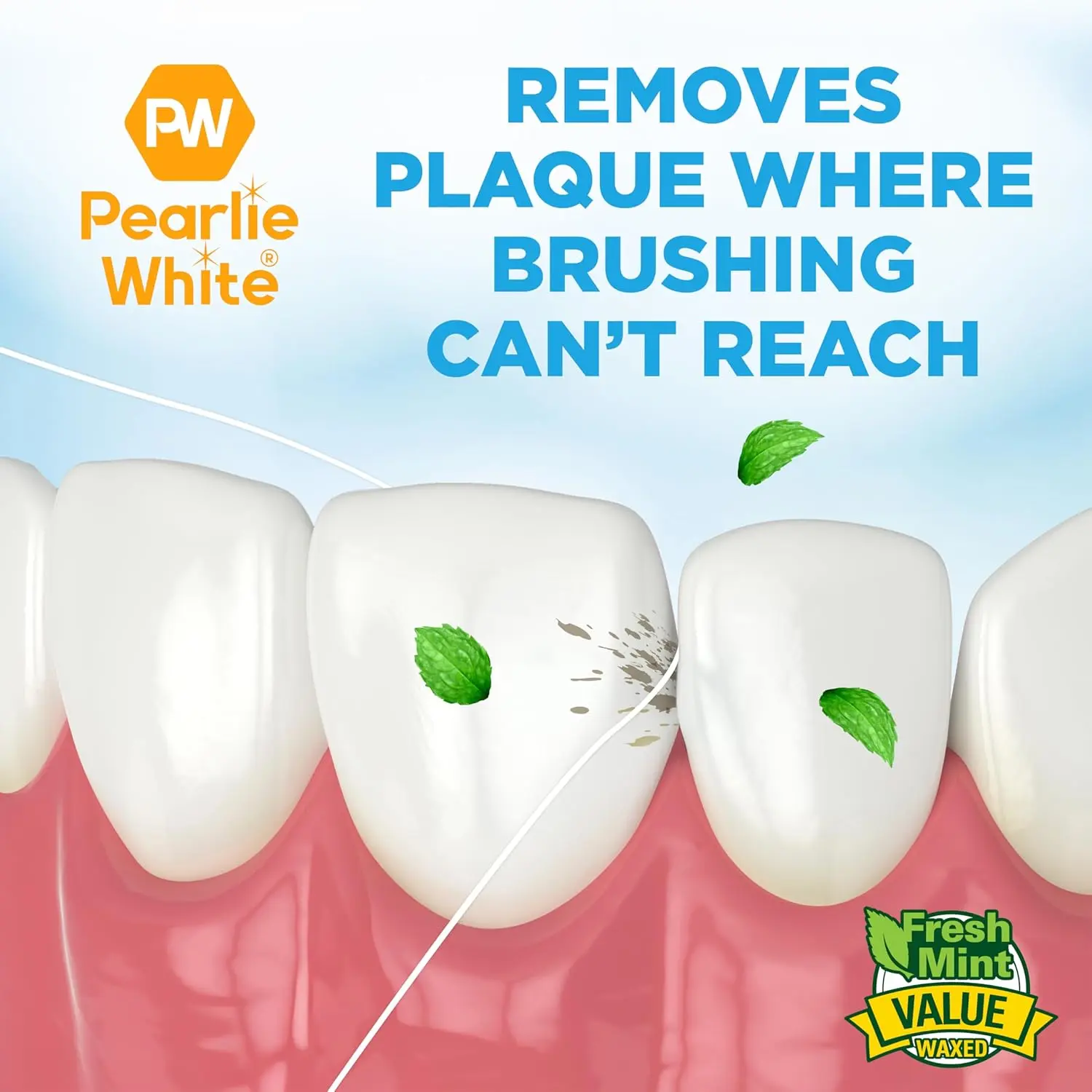 Pearlie White waxed mint dental floss, 100 meters long, for deep cleaning between teeth.