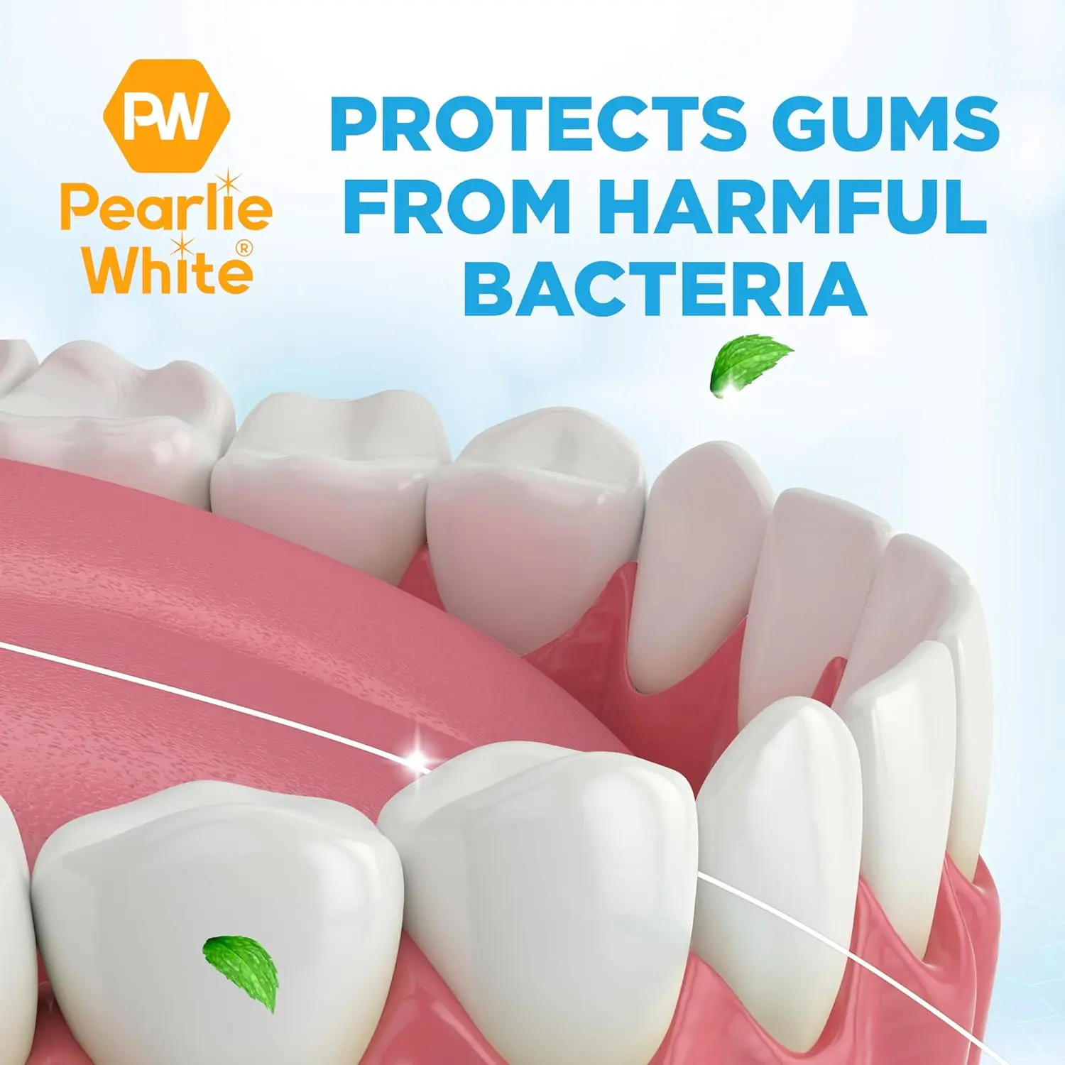 Pearlie White waxed mint dental floss, 100 meters long, for deep cleaning between teeth.