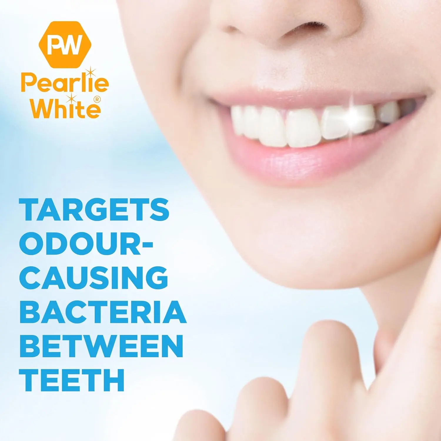 Pearlie White waxed mint dental floss, 100 meters long, for deep cleaning between teeth.