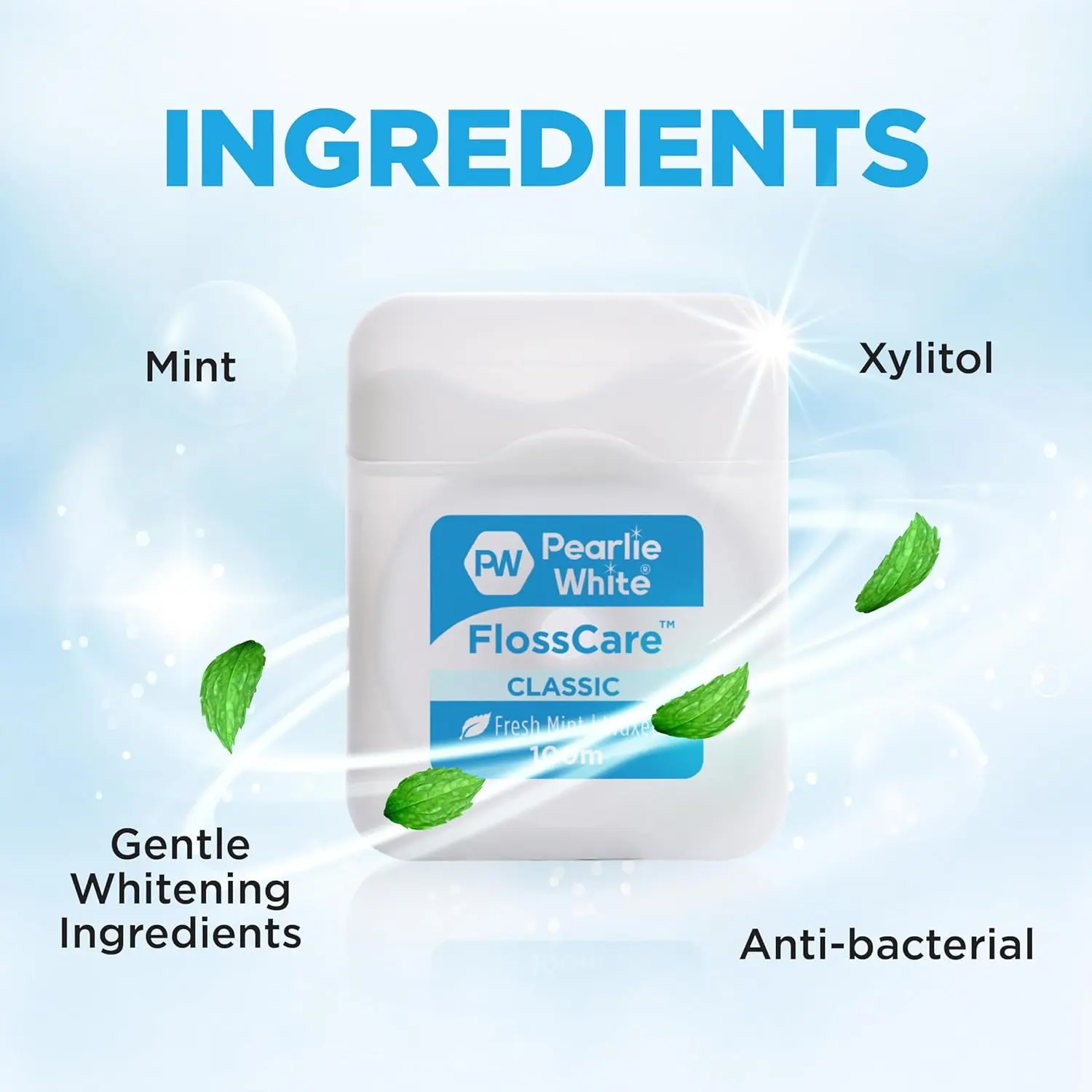 Pearlie White waxed mint dental floss, 100 meters long, for deep cleaning between teeth.