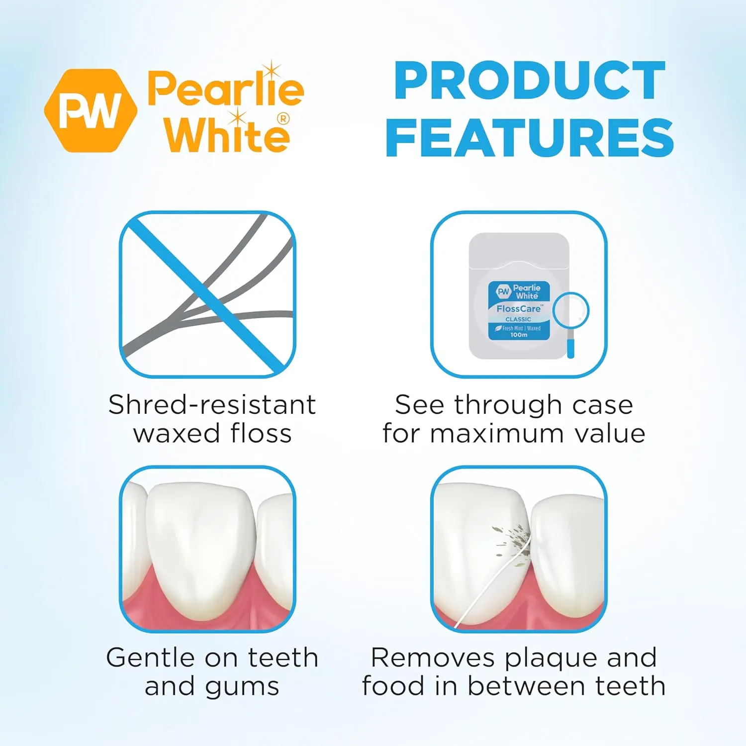 Pearlie White waxed mint dental floss, 100 meters long, for deep cleaning between teeth.