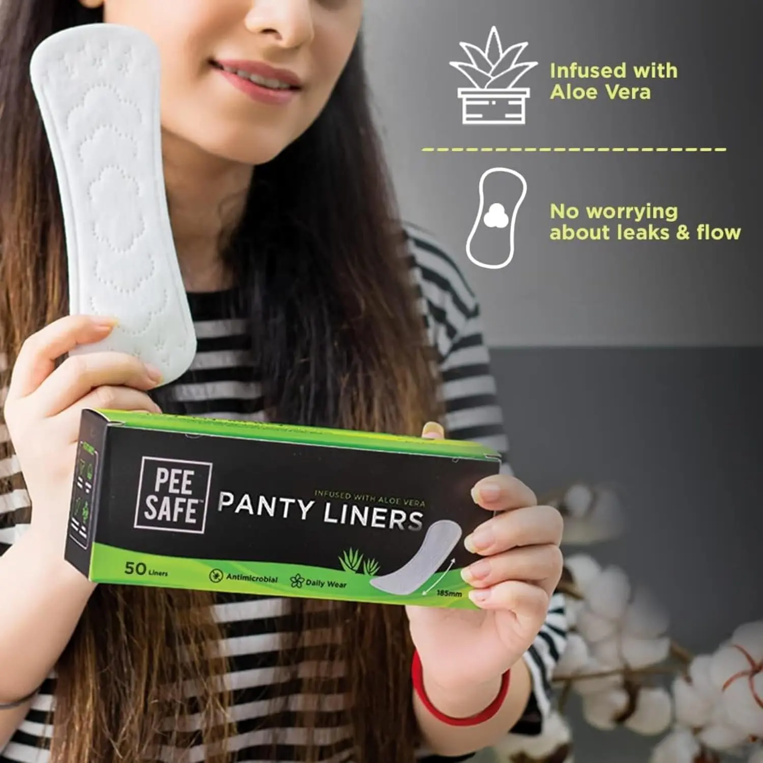 Pee Safe Aloe Vera XL panty liners with soft cotton and aloe vera, providing comfortable, breathable, and discreet protection for daily freshness and hygiene.