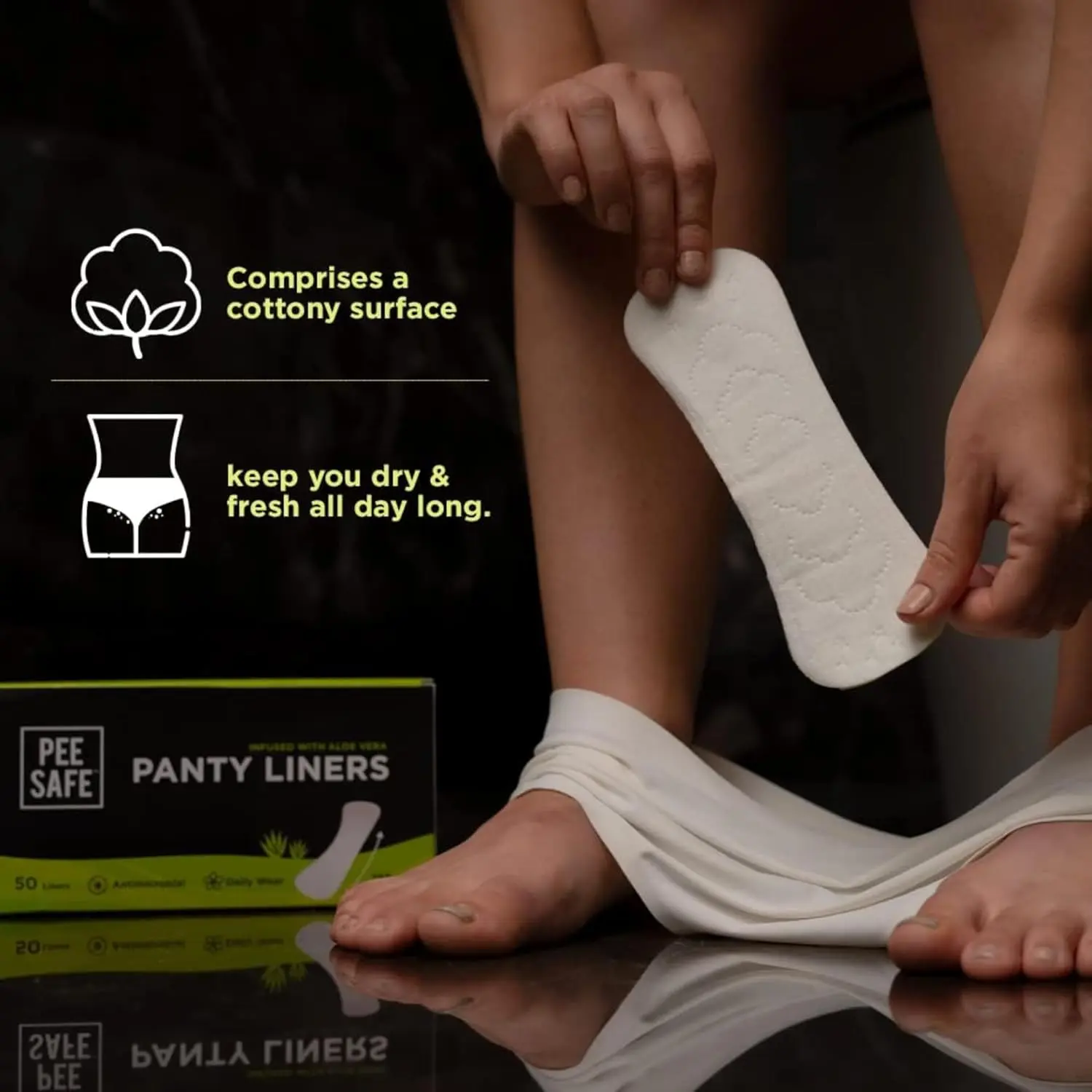 Pee Safe Aloe Vera XL panty liners with soft cotton and aloe vera, providing comfortable, breathable, and discreet protection for daily freshness and hygiene.