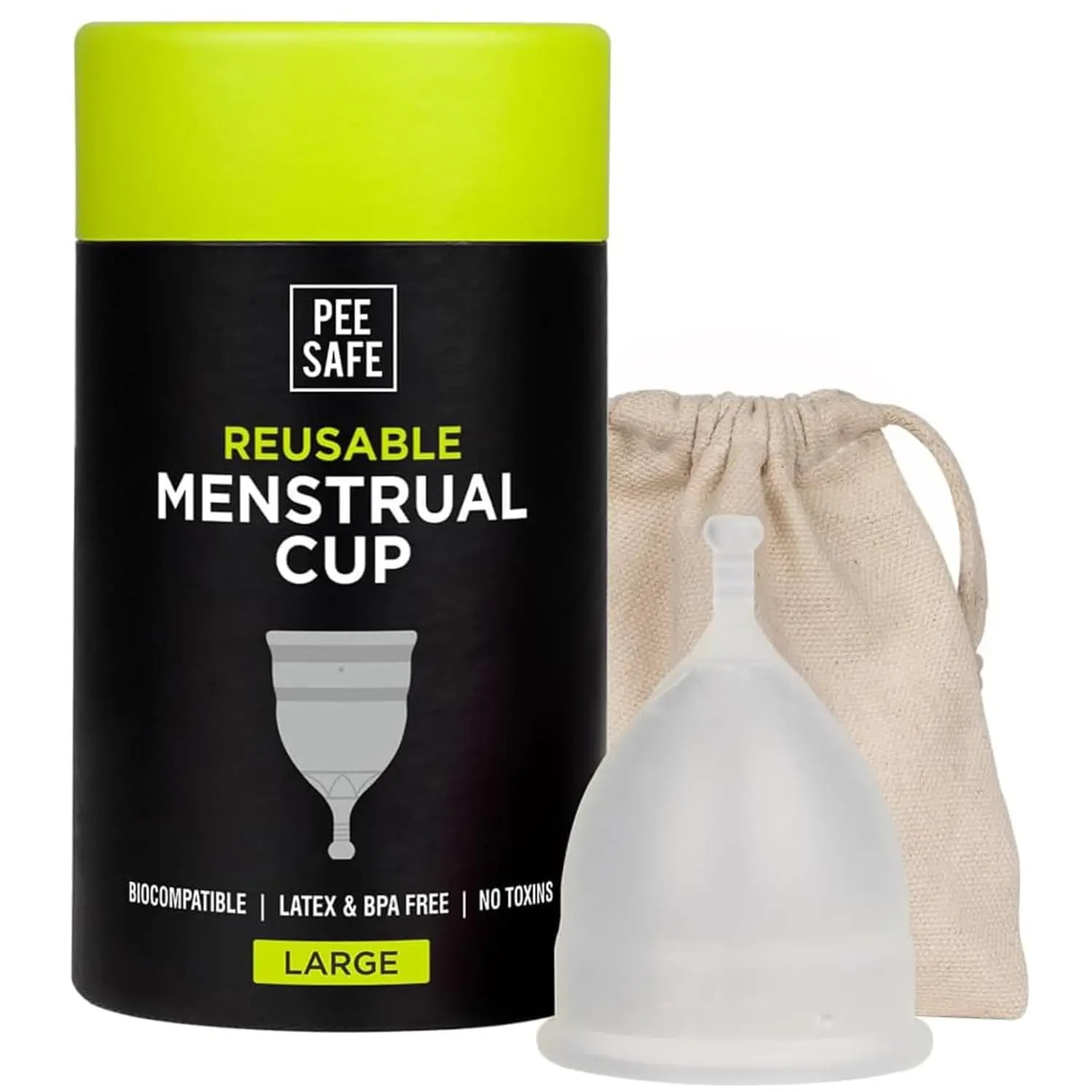 This image shows a large PEESAFE menstrual cup, a comfortable and reusable alternative to tampons and pads, designed to provide up to 12 hours of protection.