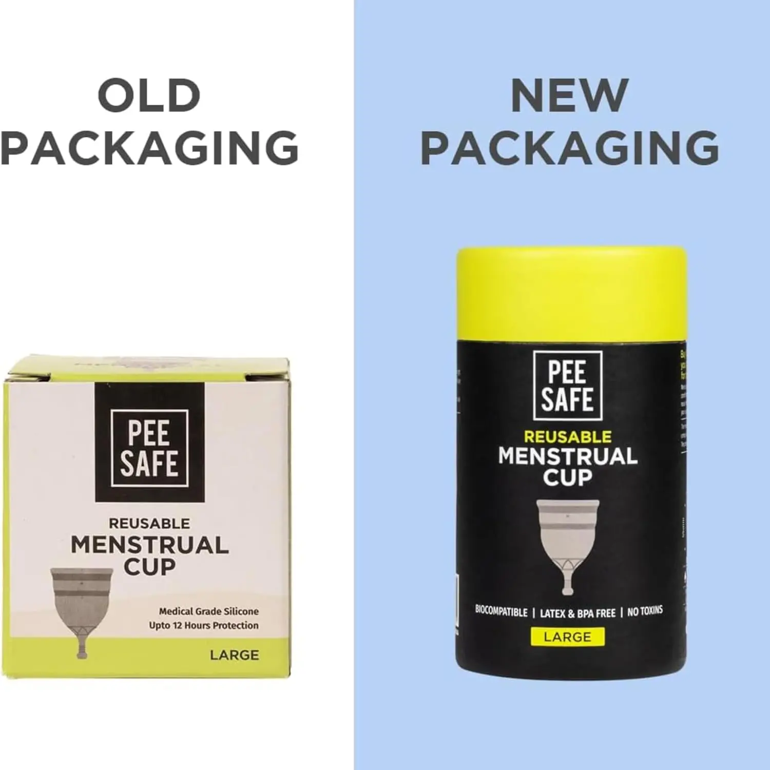 This image shows a large PEESAFE menstrual cup, a comfortable and reusable alternative to tampons and pads, designed to provide up to 12 hours of protection.