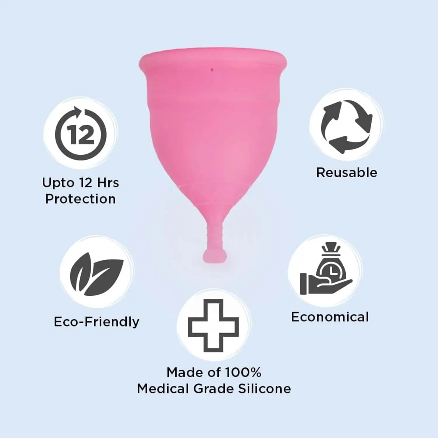 This image shows a large PEESAFE menstrual cup, a comfortable and reusable alternative to tampons and pads, designed to provide up to 12 hours of protection.