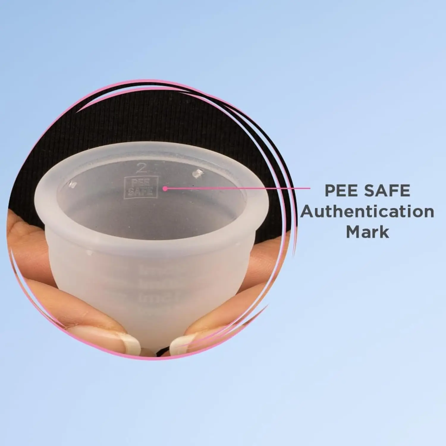 This image shows a large PEESAFE menstrual cup, a comfortable and reusable alternative to tampons and pads, designed to provide up to 12 hours of protection.