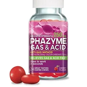 Five bottles of Phazyme Maximum Strength Gas & Acid Relief cherry flavored chewable tablets for fast relief.