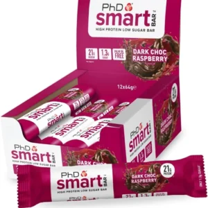 Twelve PhD Smart Protein Bars in Dark Chocolate Raspberry flavor, offering a convenient and tasty high-protein, low-sugar snack for workout recovery and guilt-free snacking.