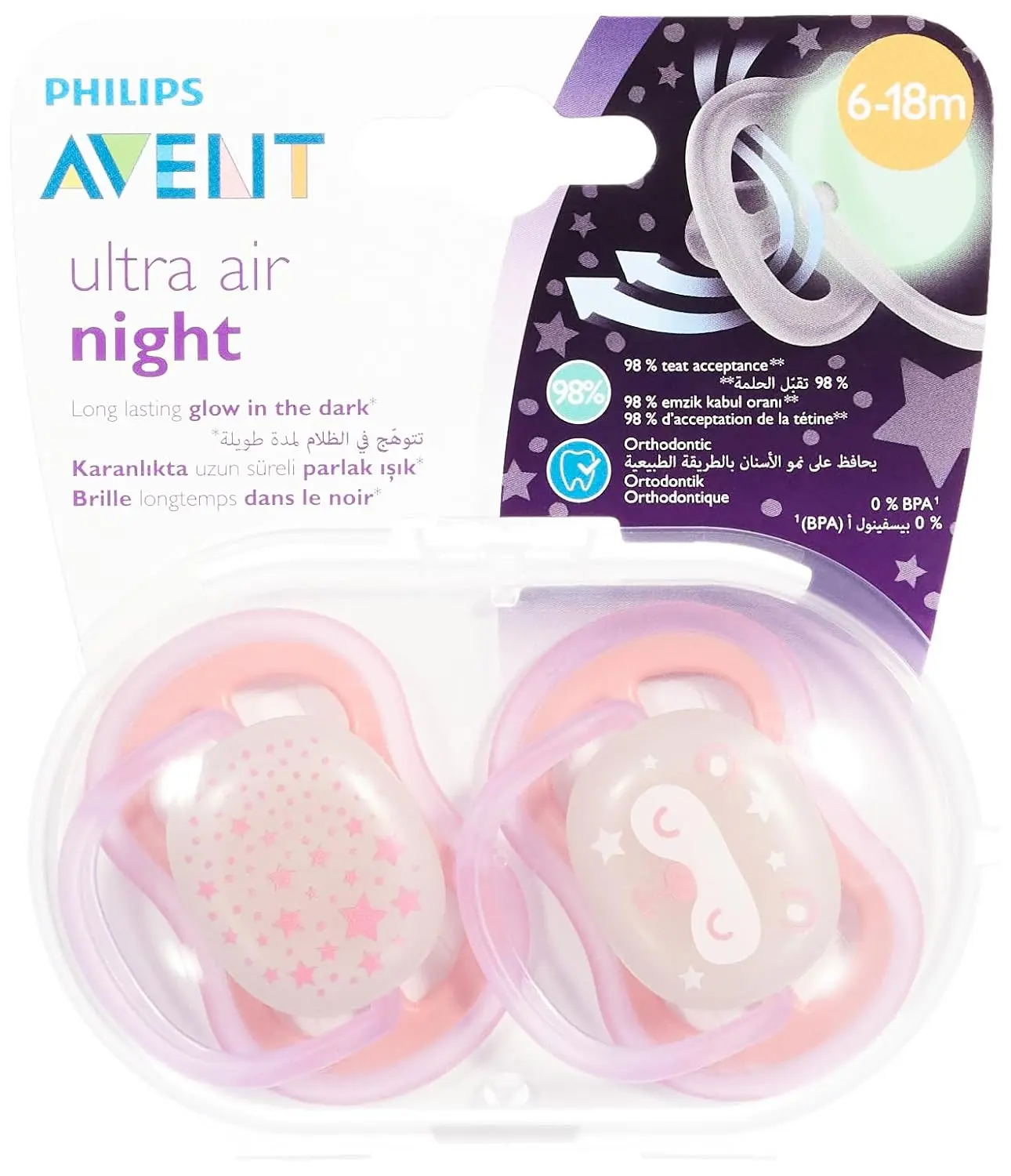 Philips Avent Ultra Air pacifier for girls aged 6-18 months, designed to let skin breathe and respect the natural development of the palate, teeth, and gums, with a sterilizing storage case for nighttime use.