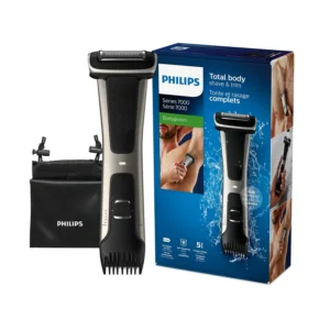 The PHILIPS Bodygroom 7000 is a silver and black showerproof body shaver featuring a 4D contour following head, integrated trimmer with 3-11mm settings, and provides 80 minutes of runtime after a 1-hour charge.