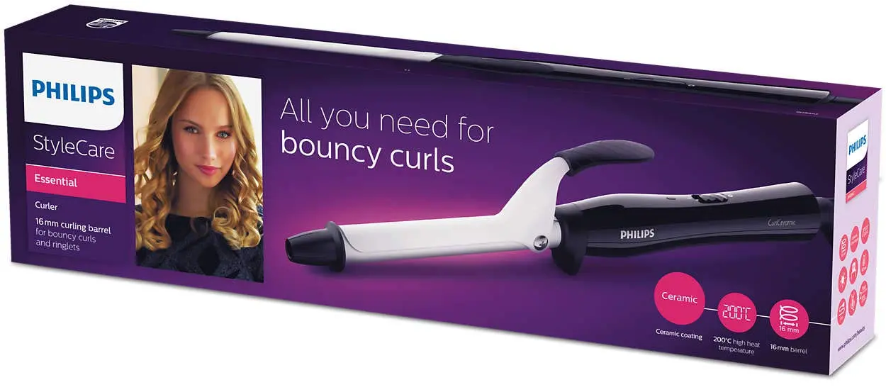 This is the Philips StyleCare Essential hair curler with a 16mm barrel and protective ceramic coating for creating bouncy curls on all hair types.