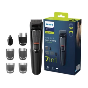 The Philips Multigroomer 3000 MG3720/33 is a 7-in-1 all-in-one trimmer for grooming your face and hair with skin-friendly blades and includes five combs, a nose and ear trimmer, and provides 60 minutes of cordless use.