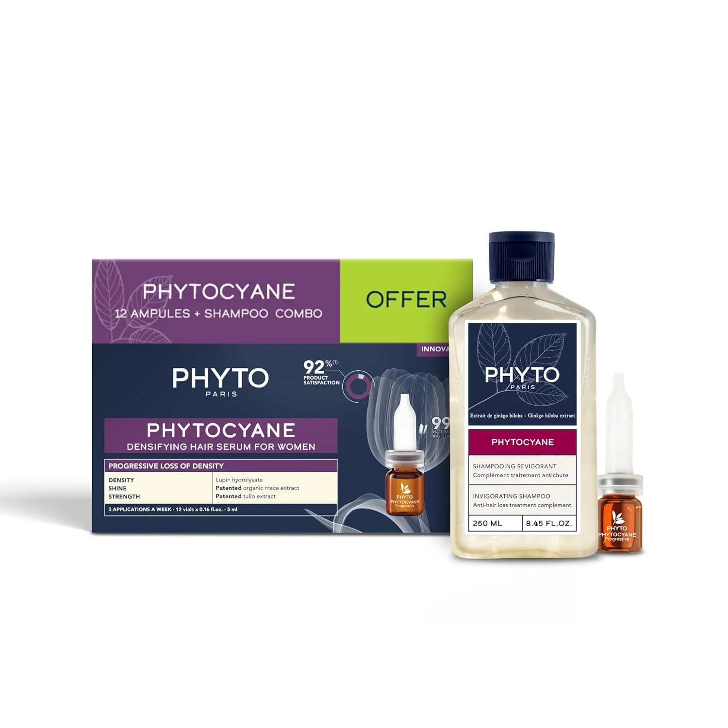 Phyto Phytocyane hair serum vials for women, designed to strengthen hair follicles and treat progressive hair loss with natural ingredients.