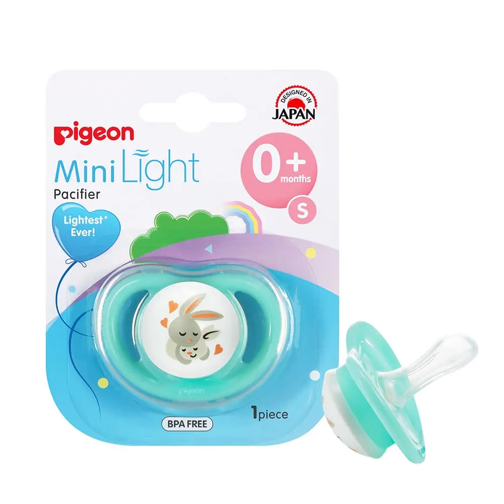 The Pigeon Minilight Pacifier features a soft silicone nipple and ultra-light design, ensuring comfort and safety for babies.