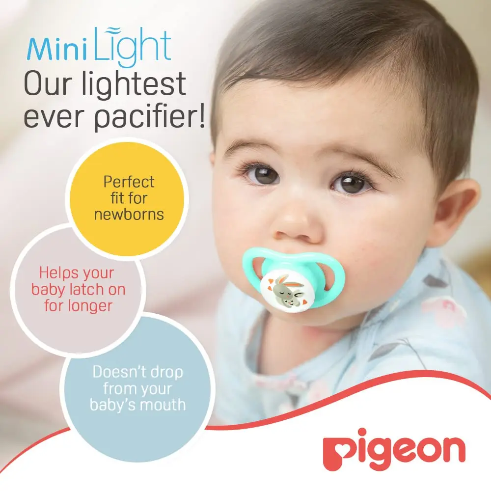 The Pigeon Minilight Pacifier features a soft silicone nipple and ultra-light design, ensuring comfort and safety for babies.