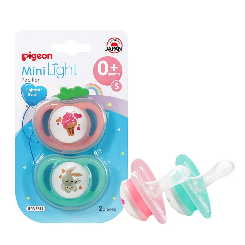 Pigeon Minilight Pacifier Twin for girls, S size, features a soft silicone nipple, ultra lightweight design, and BPA-free materials for baby's comfort and safety.