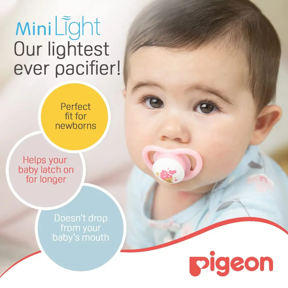 Pigeon Minilight Pacifier Twin for girls, S size, features a soft silicone nipple, ultra lightweight design, and BPA-free materials for baby's comfort and safety.