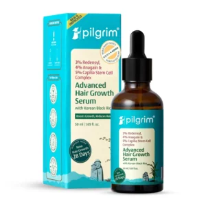 Pilgrim hair growth serum with Redensyl and Anagain strengthens hair, increases density, and is suitable for all hair types experiencing thinning.