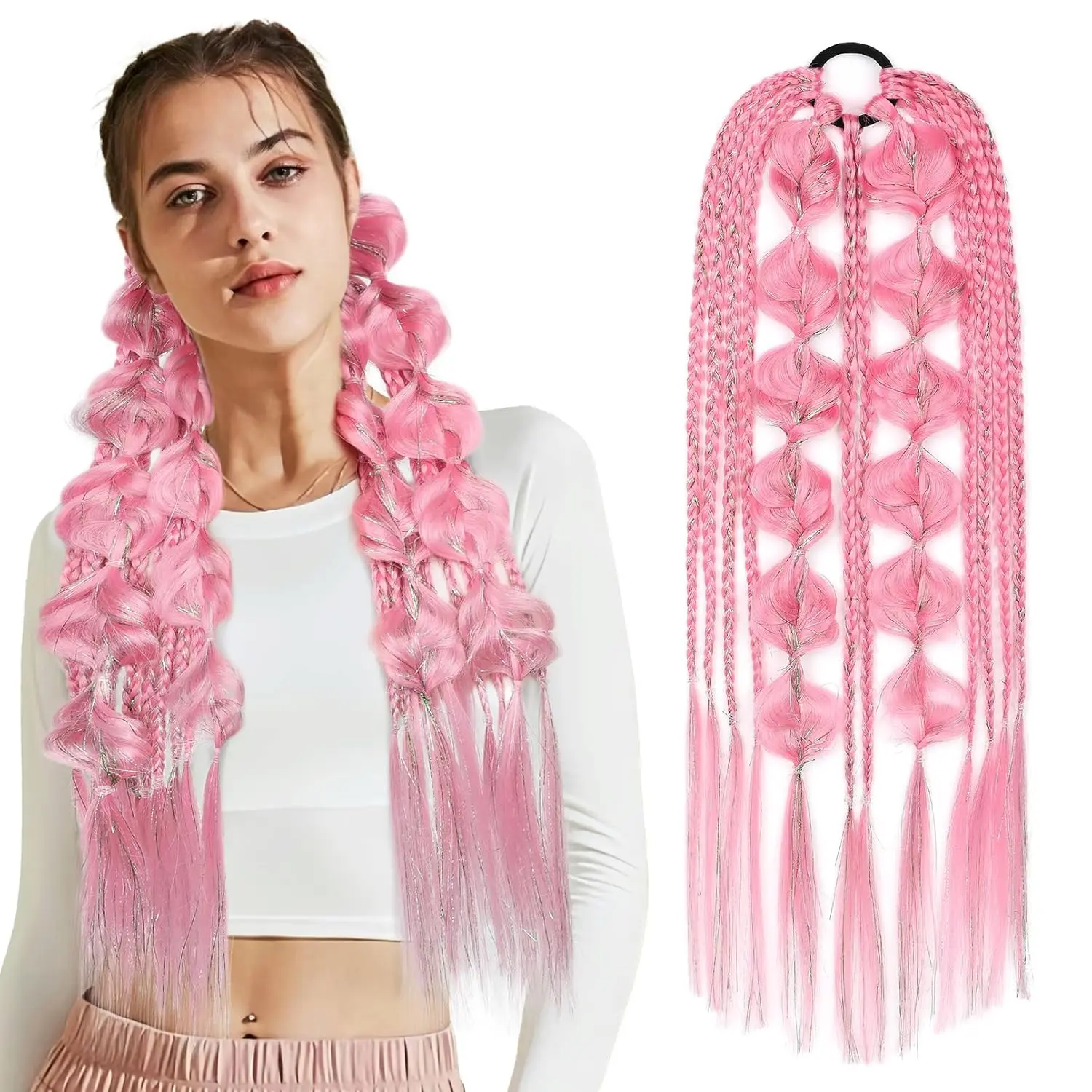 A 21-inch pink braided ponytail extension with glittering tinsel, perfect for adding a vibrant splash of color to your hairstyle for festivals and parties.