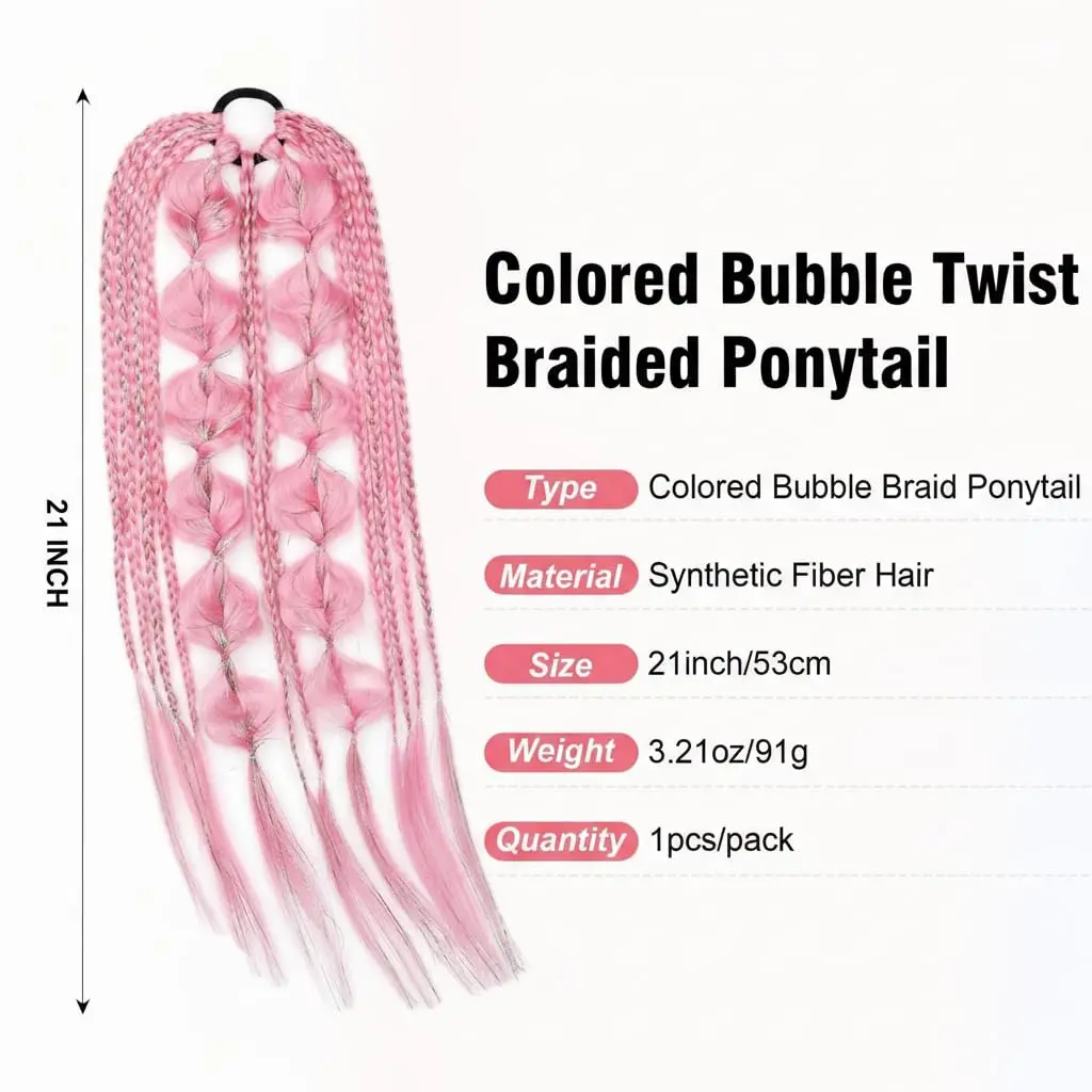 A 21-inch pink braided ponytail extension with glittering tinsel, perfect for adding a vibrant splash of color to your hairstyle for festivals and parties.