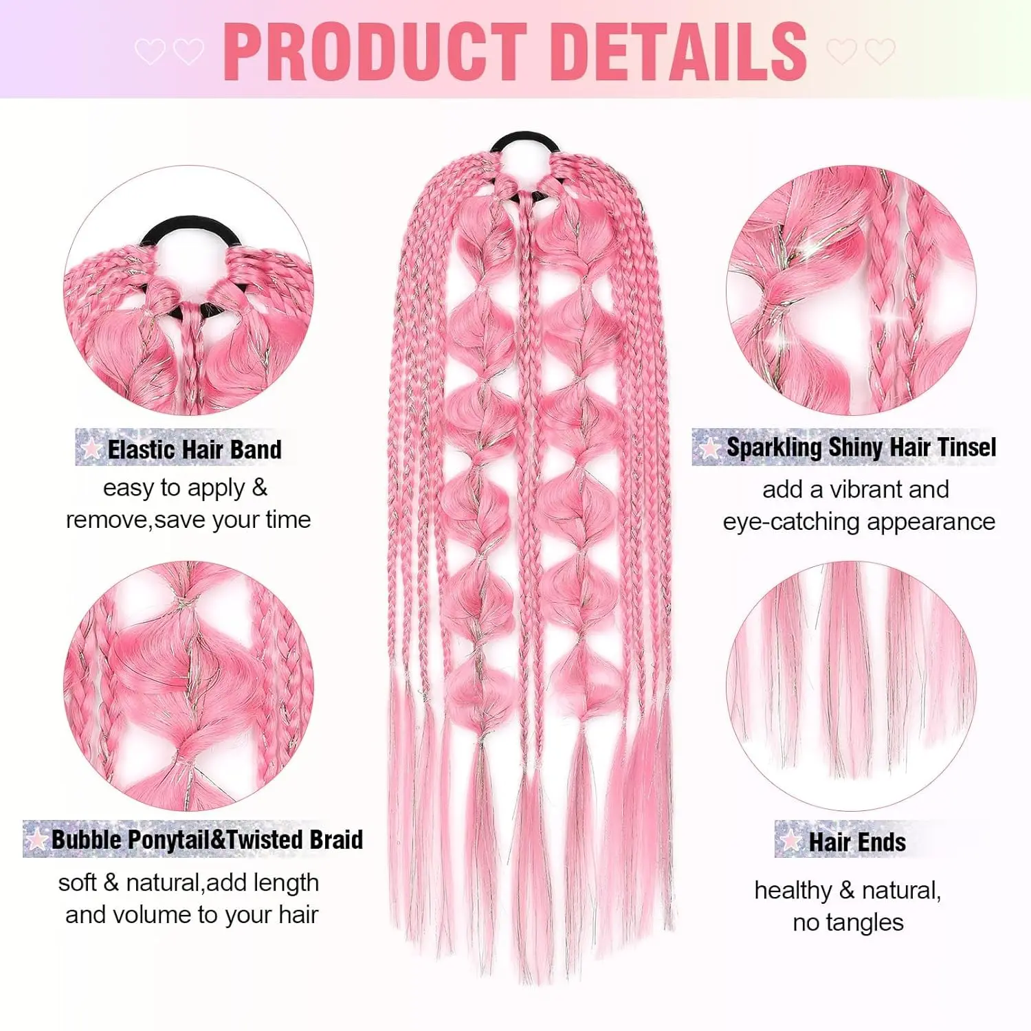 A 21-inch pink braided ponytail extension with glittering tinsel, perfect for adding a vibrant splash of color to your hairstyle for festivals and parties.