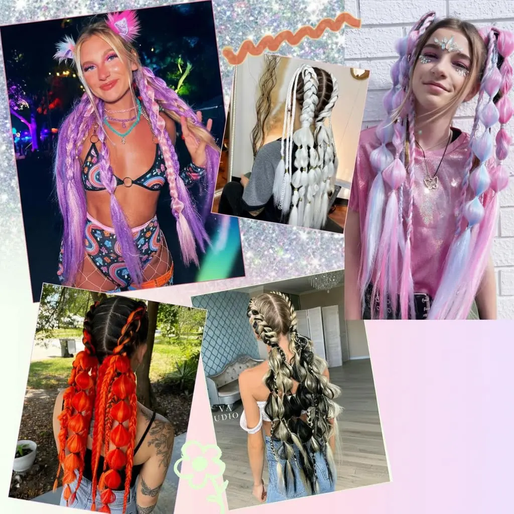 A 21-inch pink braided ponytail extension with glittering tinsel, perfect for adding a vibrant splash of color to your hairstyle for festivals and parties.