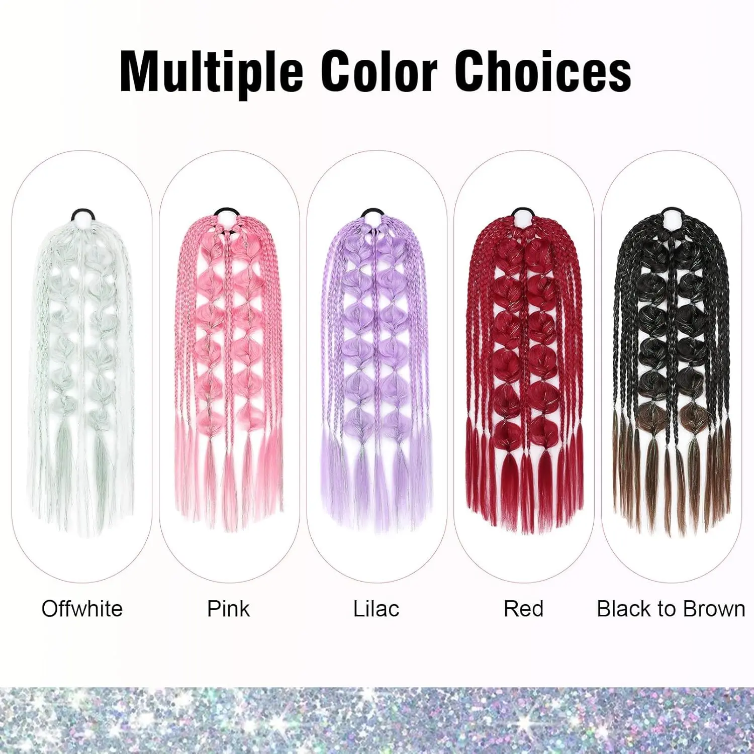 A 21-inch pink braided ponytail extension with glittering tinsel, perfect for adding a vibrant splash of color to your hairstyle for festivals and parties.