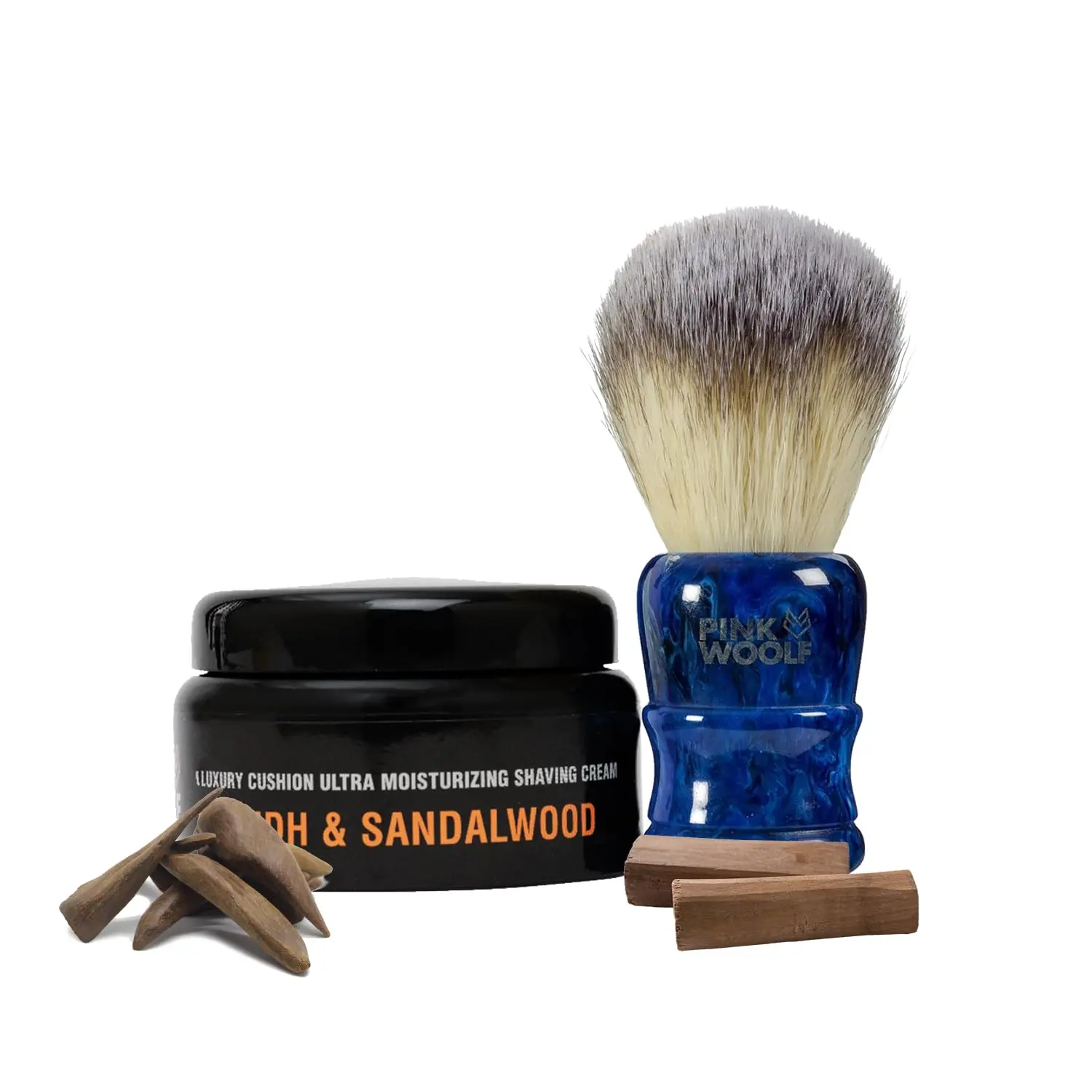 Pink Woolf shaving combo for men with a blue handled synthetic shaving brush and Oudh & Sandalwood shaving cream for a close, comfortable shave.