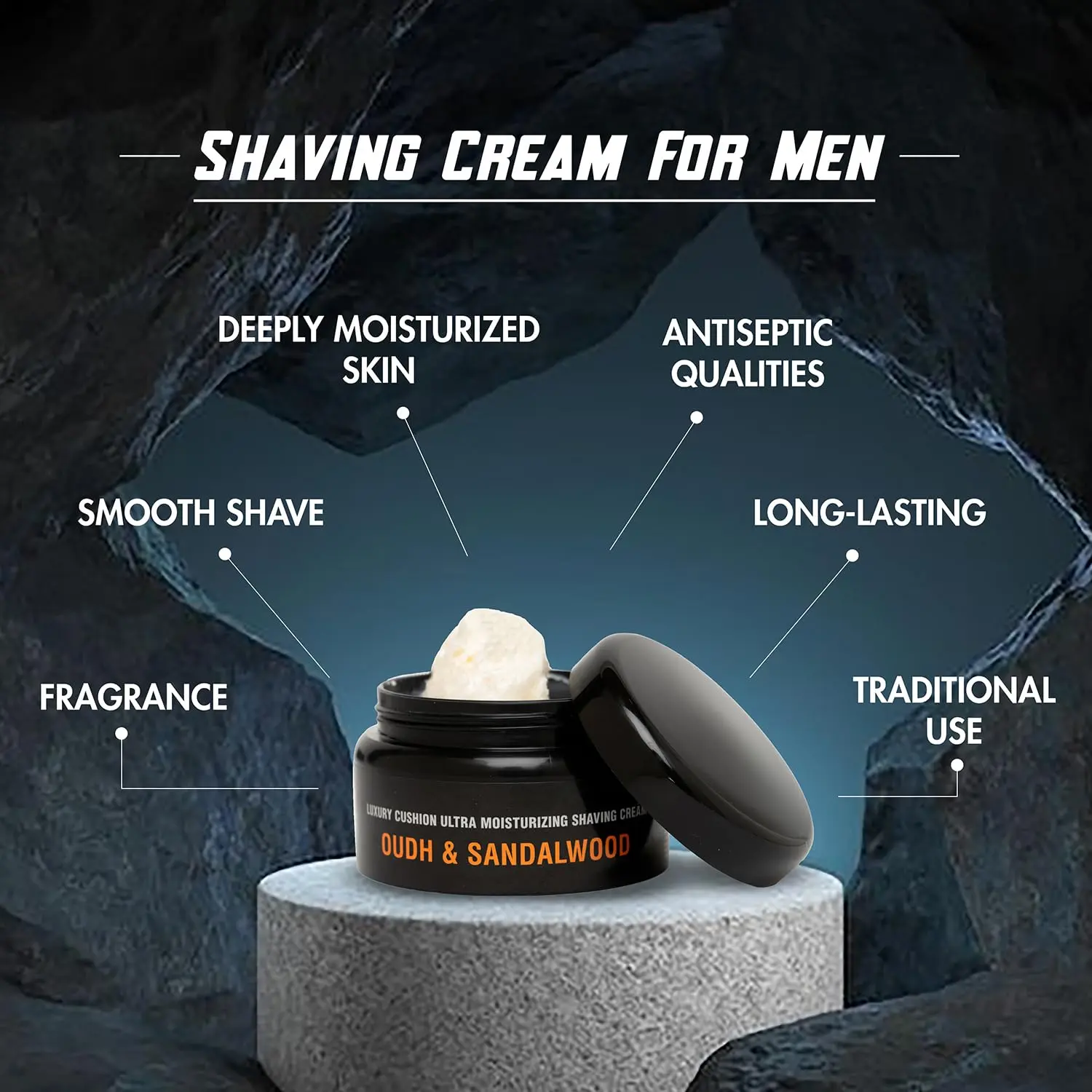 Pink Woolf shaving combo for men with a blue handled synthetic shaving brush and Oudh & Sandalwood shaving cream for a close, comfortable shave.