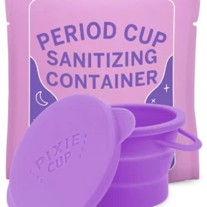 Collapsible Pixie Cup sterilizing container for sanitizing menstrual cups discreetly in the microwave or on the go.