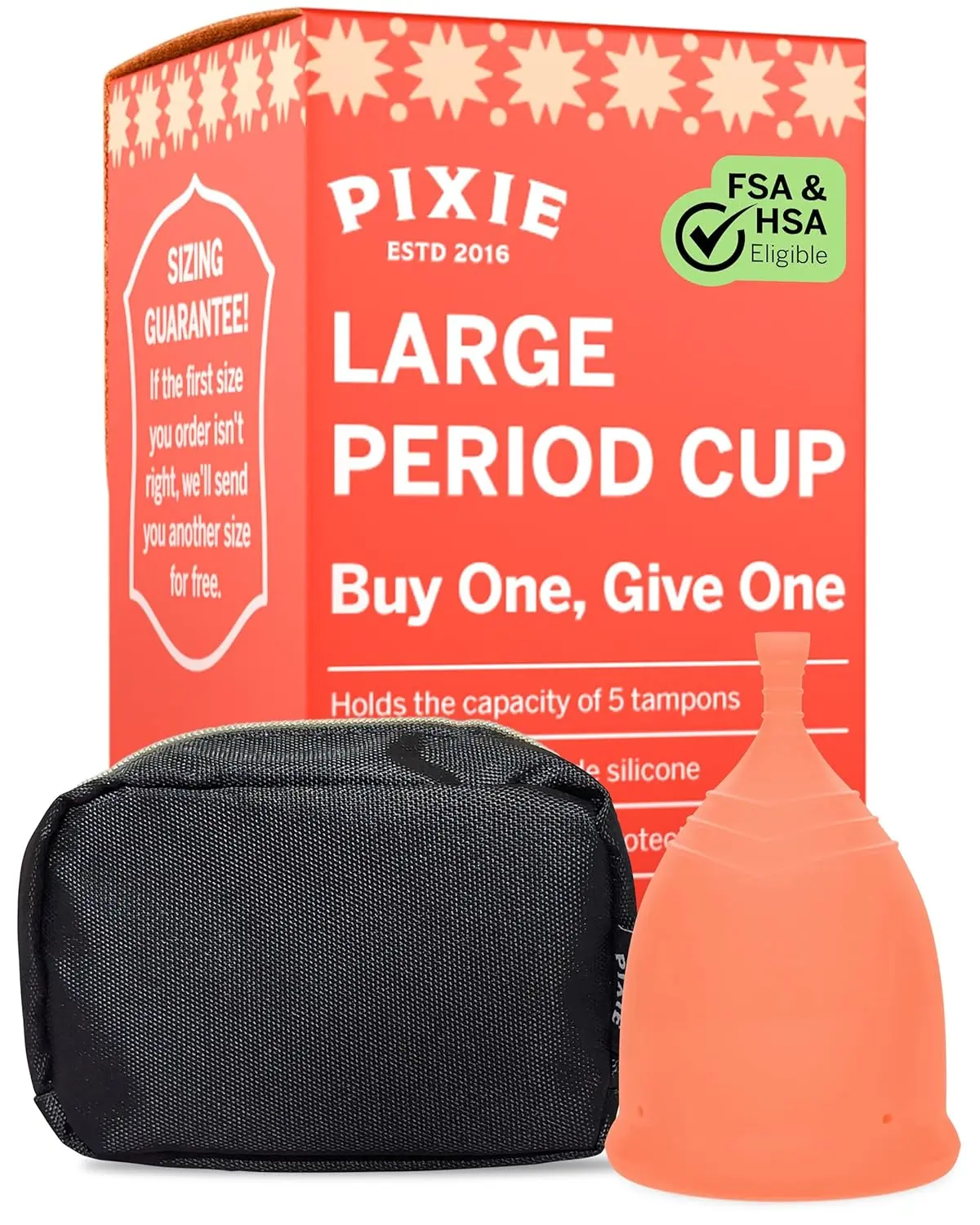This reusable Pixie menstrual cup is made of medical-grade silicone and provides up to 12 hours of leakproof, odor-free period protection as a comfortable and eco-friendly alternative to tampons and pads.