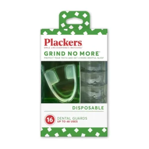 This is a disposable Plackers Grind No More night guard designed to protect teeth from grinding during sleep, featuring a BPA-free, ready-to-wear, and one-size-fits-all design.