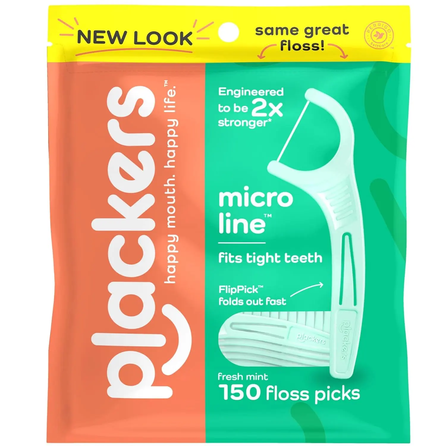 This image shows a pack of 150 mint flavored Plackers Micro dental flossers designed not to stretch, shred, or break, featuring an easy grip handle and fold out toothpick for effective teeth and gum cleaning.