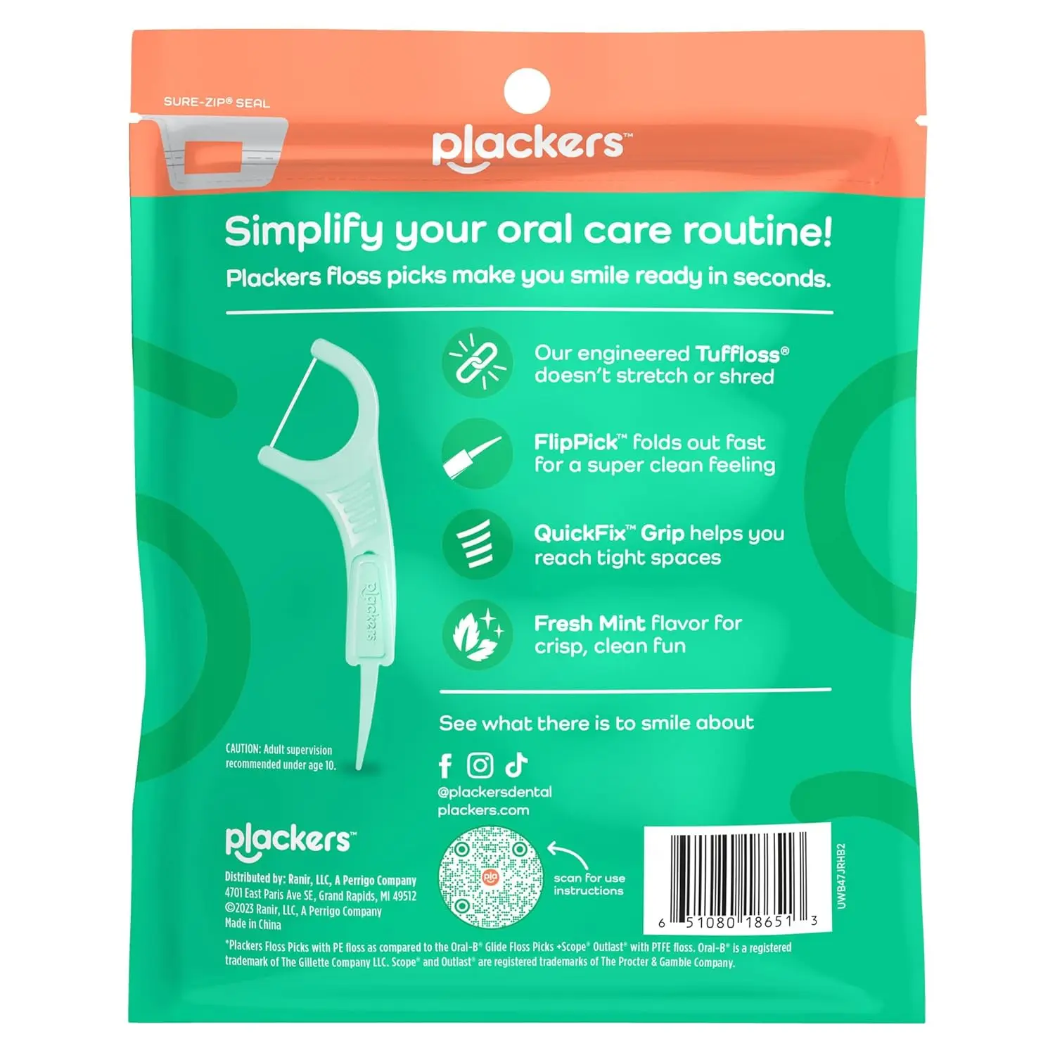 This image shows a pack of 150 mint flavored Plackers Micro dental flossers designed not to stretch, shred, or break, featuring an easy grip handle and fold out toothpick for effective teeth and gum cleaning.