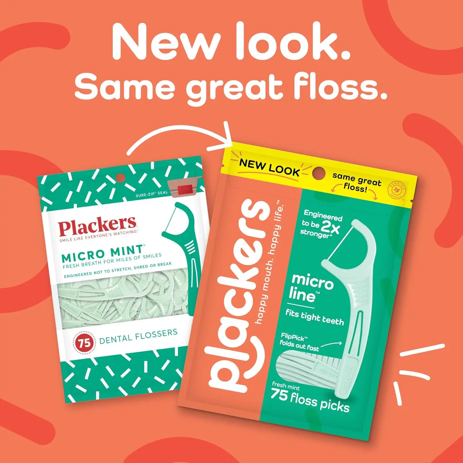 This image shows a pack of 150 mint flavored Plackers Micro dental flossers designed not to stretch, shred, or break, featuring an easy grip handle and fold out toothpick for effective teeth and gum cleaning.