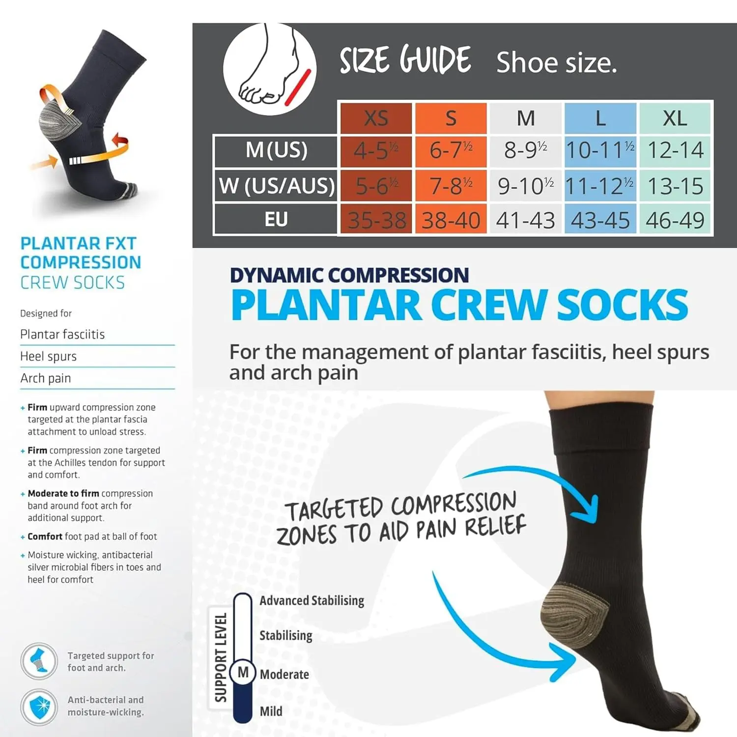 Thermoskin Plantar FXT compression socks provide medical grade support, targeted compression zones, and moisture wicking comfort for all day wear.