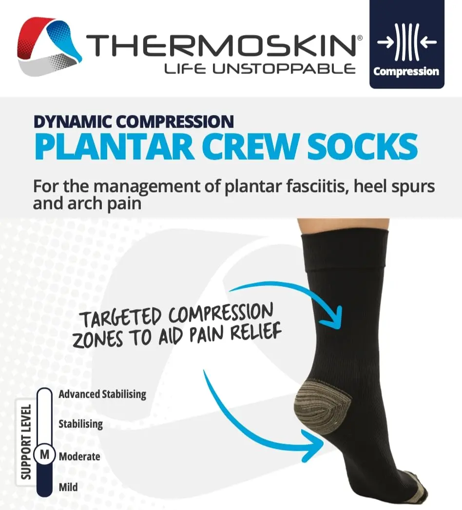 Thermoskin Plantar FXT compression socks provide medical grade support, targeted compression zones, and moisture wicking comfort for all day wear.