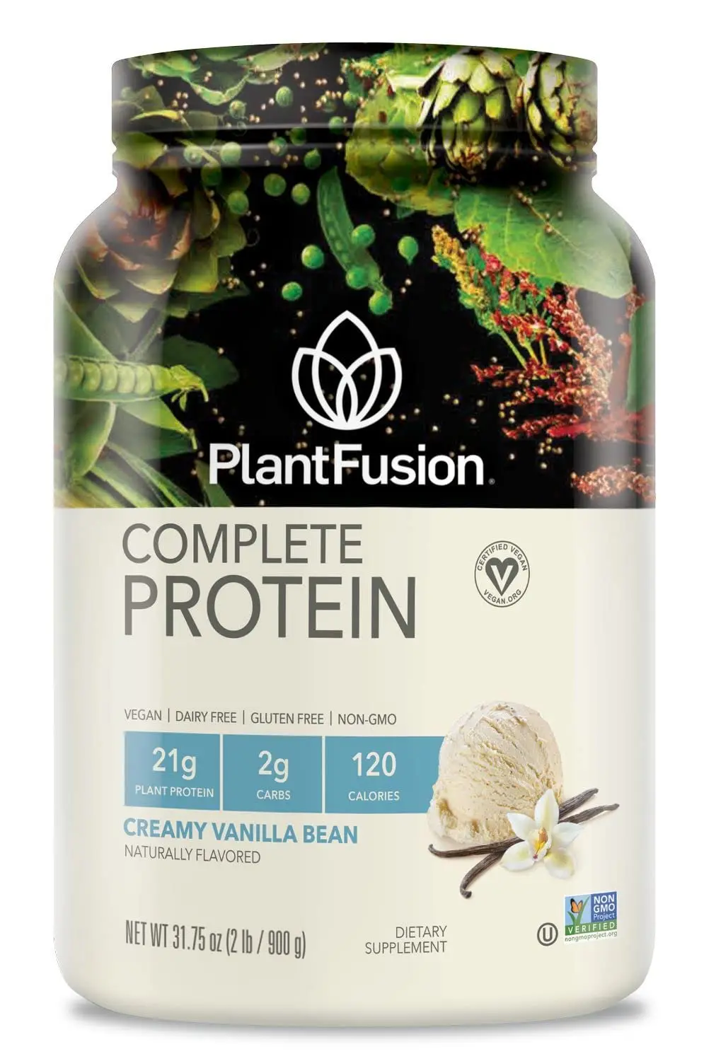 This is a PlantFusion vanilla flavored complete plant-based protein powder that is gluten-free and vegan, in a 2lb package.
