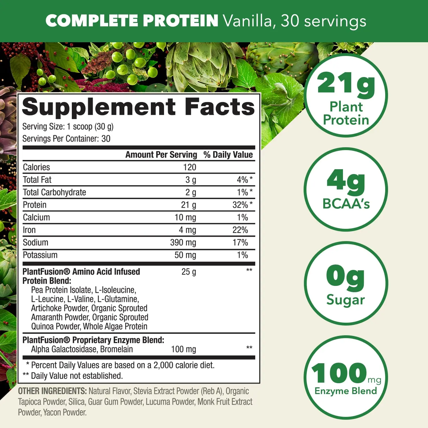 This is a PlantFusion vanilla flavored complete plant-based protein powder that is gluten-free and vegan, in a 2lb package.