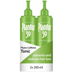 Two bottles of Plantur 39 Phyto-Caffeine Tonic for women, designed to combat hair loss and strengthen hair roots, ideal for daily application.