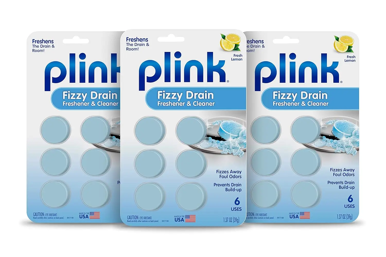 Plink Fizzy drain freshener tablets keep drains clear and smelling fresh with a powerful, lemon-scented formula.