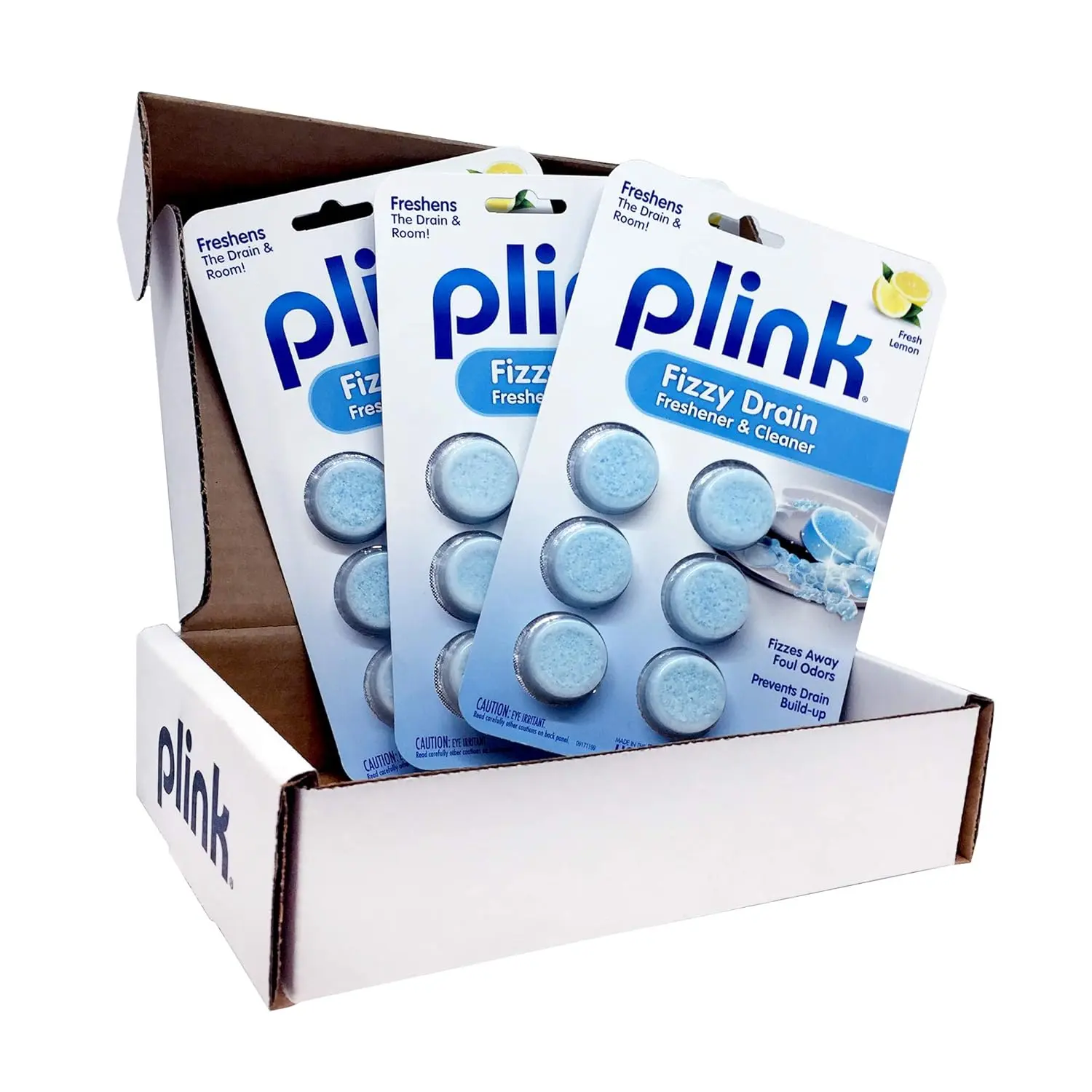 Plink Fizzy drain freshener tablets keep drains clear and smelling fresh with a powerful, lemon-scented formula.