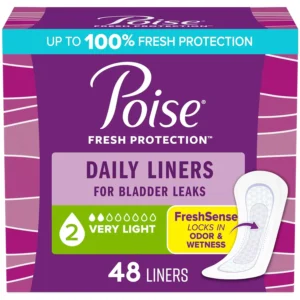 Poise daily incontinence liners provide discreet, very light absorbency for bladder leaks and postpartum, offering dryness, comfort, and odor control.