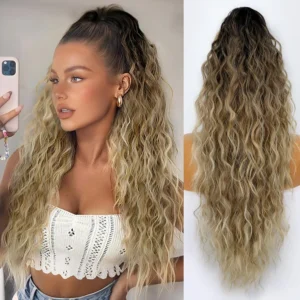 This 26-inch curly ponytail extension features a claw clip for easy attachment, offering a fluffy, natural-looking style with a black root and blonde ombre.