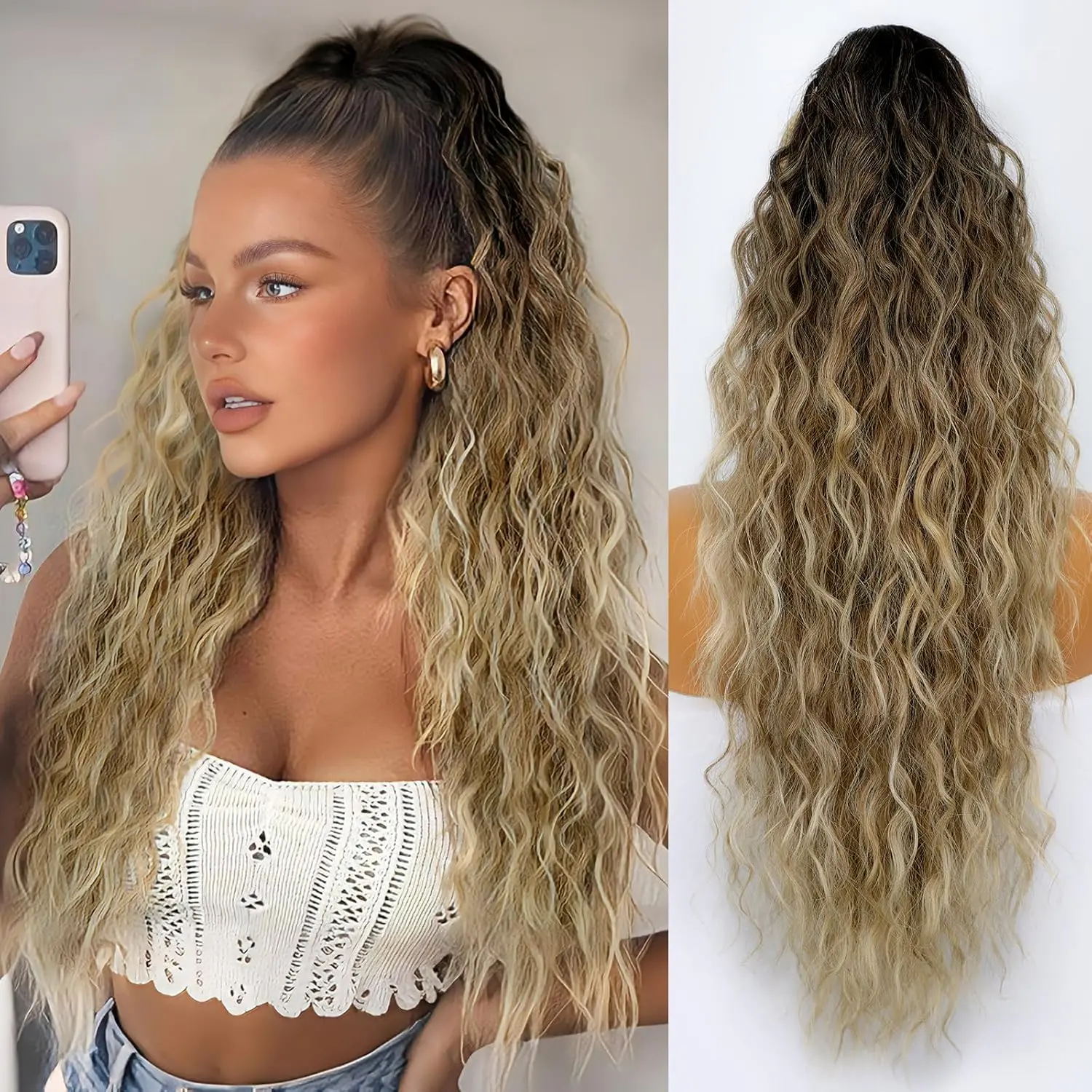 This 26-inch curly ponytail extension features a claw clip for easy attachment, offering a fluffy, natural-looking style with a black root and blonde ombre.
