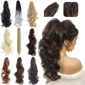 This FELENDY ponytail extension claw clip in dark brown adds instant volume and length, creating a natural-looking curly or straight hairstyle for women.
