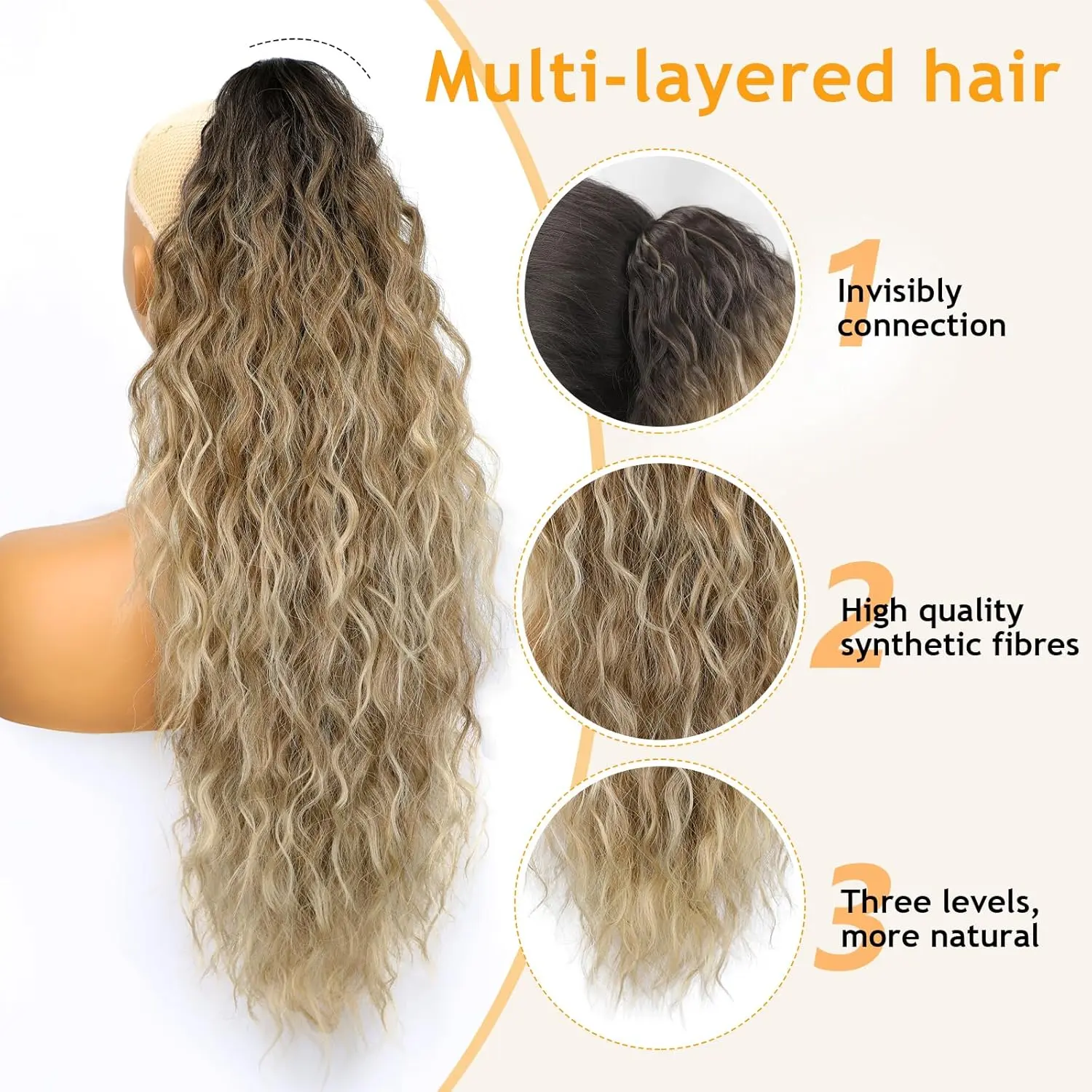 This 26-inch curly ponytail extension features a claw clip for easy attachment, offering a fluffy, natural-looking style with a black root and blonde ombre.