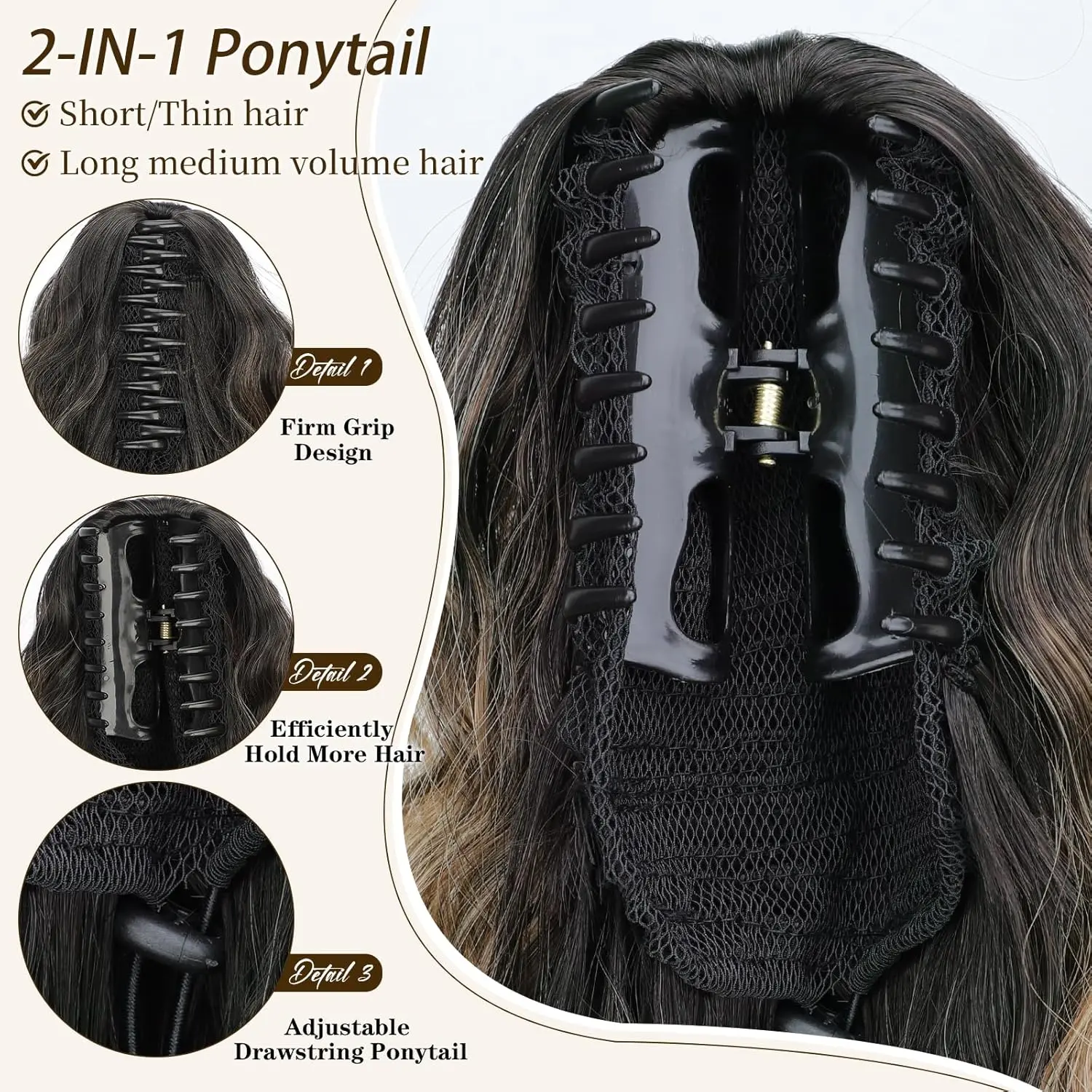 This 26-inch curly ponytail extension features a claw clip for easy attachment, offering a fluffy, natural-looking style with a black root and blonde ombre.